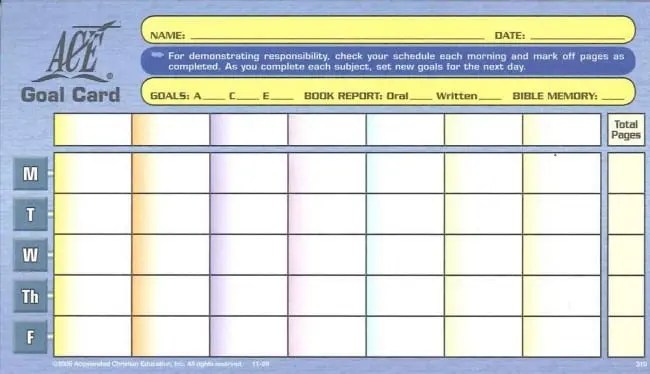 Upper Level Goal Card from Accelerated Christian Education