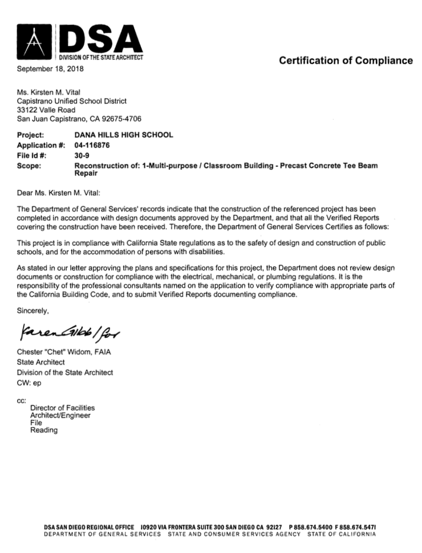 Letter to Bill Brough et al re Structural Defects Dana Hills High School