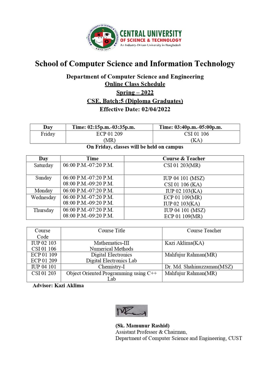 Cse Spring 2022 Class Schedule For Cse, Batch 5 – Spring 2022 - Central University Of Science & Technology