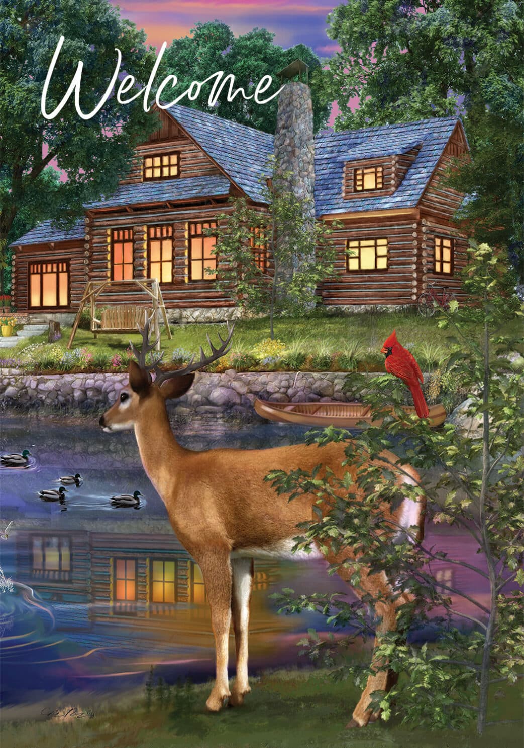 Deer CabinFlag by Bigelow Illustrations Custom Decor