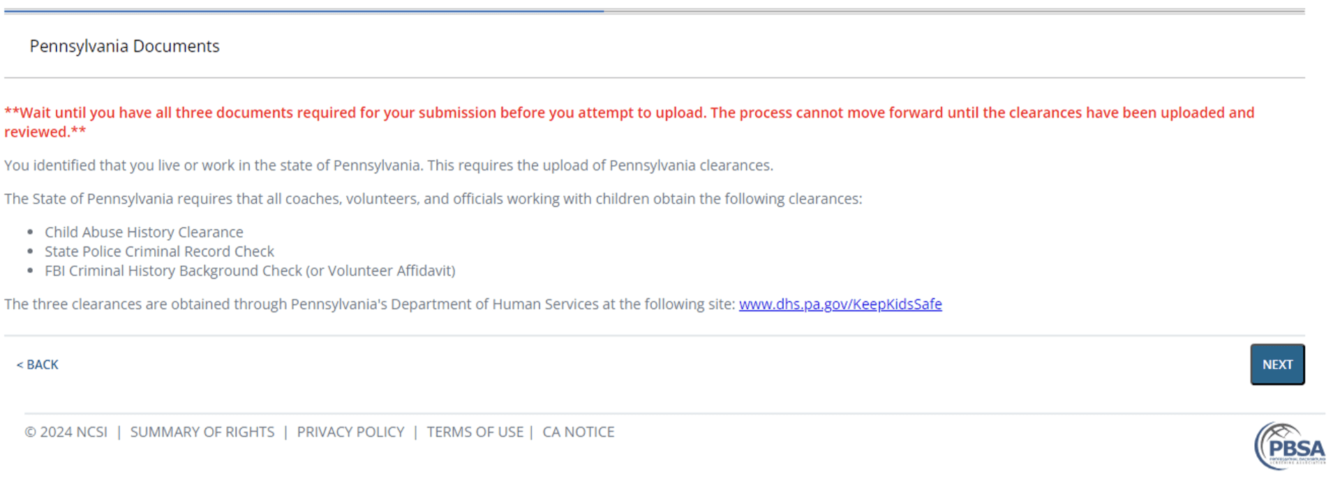 Safe Play Pennsylvania Clearances for the NCSI Background Check