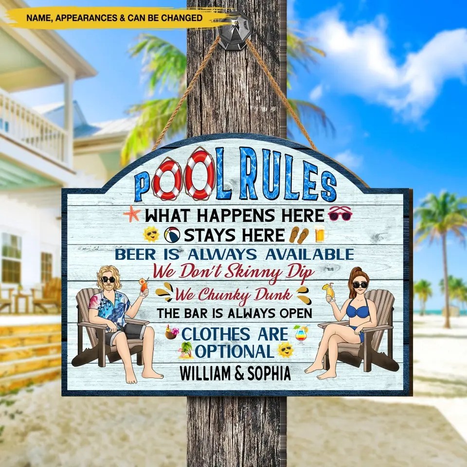 Pool Rules What Happens Here Stays Here Personalized Wood Sign, Pool