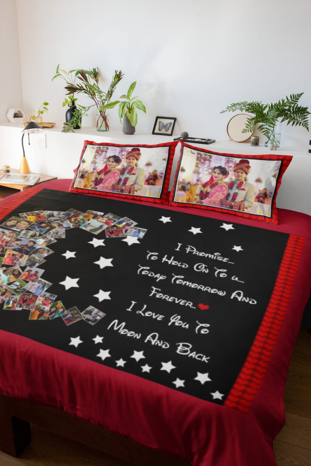 Personalised Half Moon Karwa Chauth Bedsheet Set Customized Photo