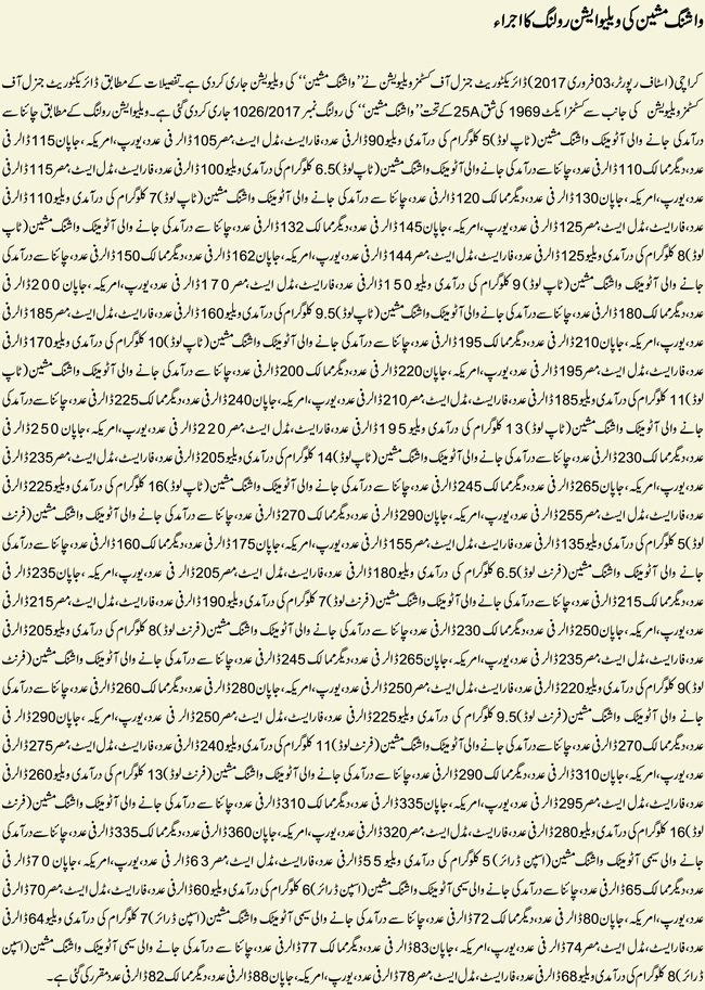 Valuation Ruling No. 1026/2017 against Custom Values of Washing