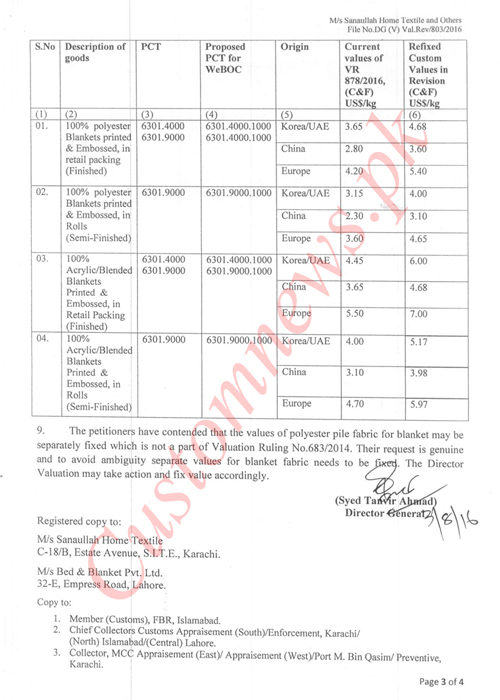 OrderinRevision; customs values of blankets updated CustomsNews.pk