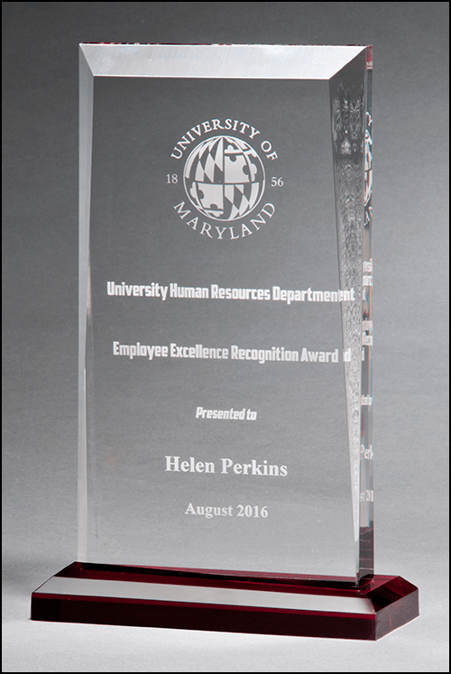 Apex Series clear acrylic award with red highlights and red base