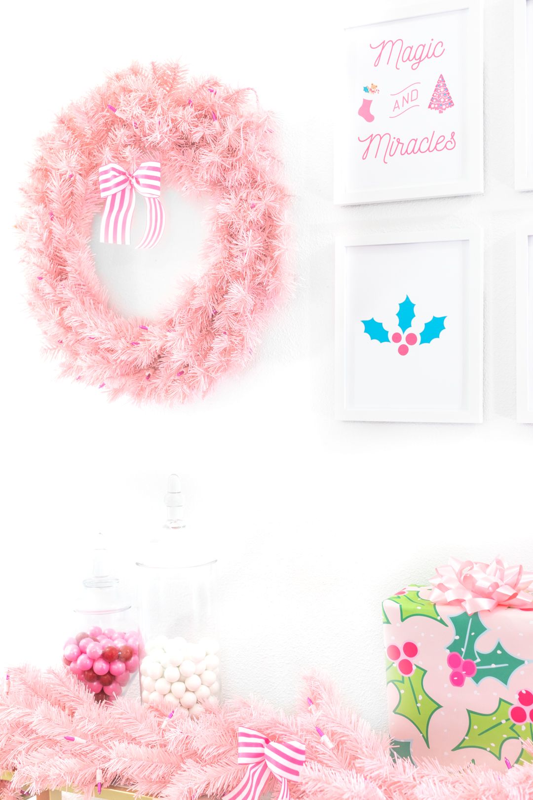 Pink DIY Holiday Console Table Decor and Wall Art Cutefetti