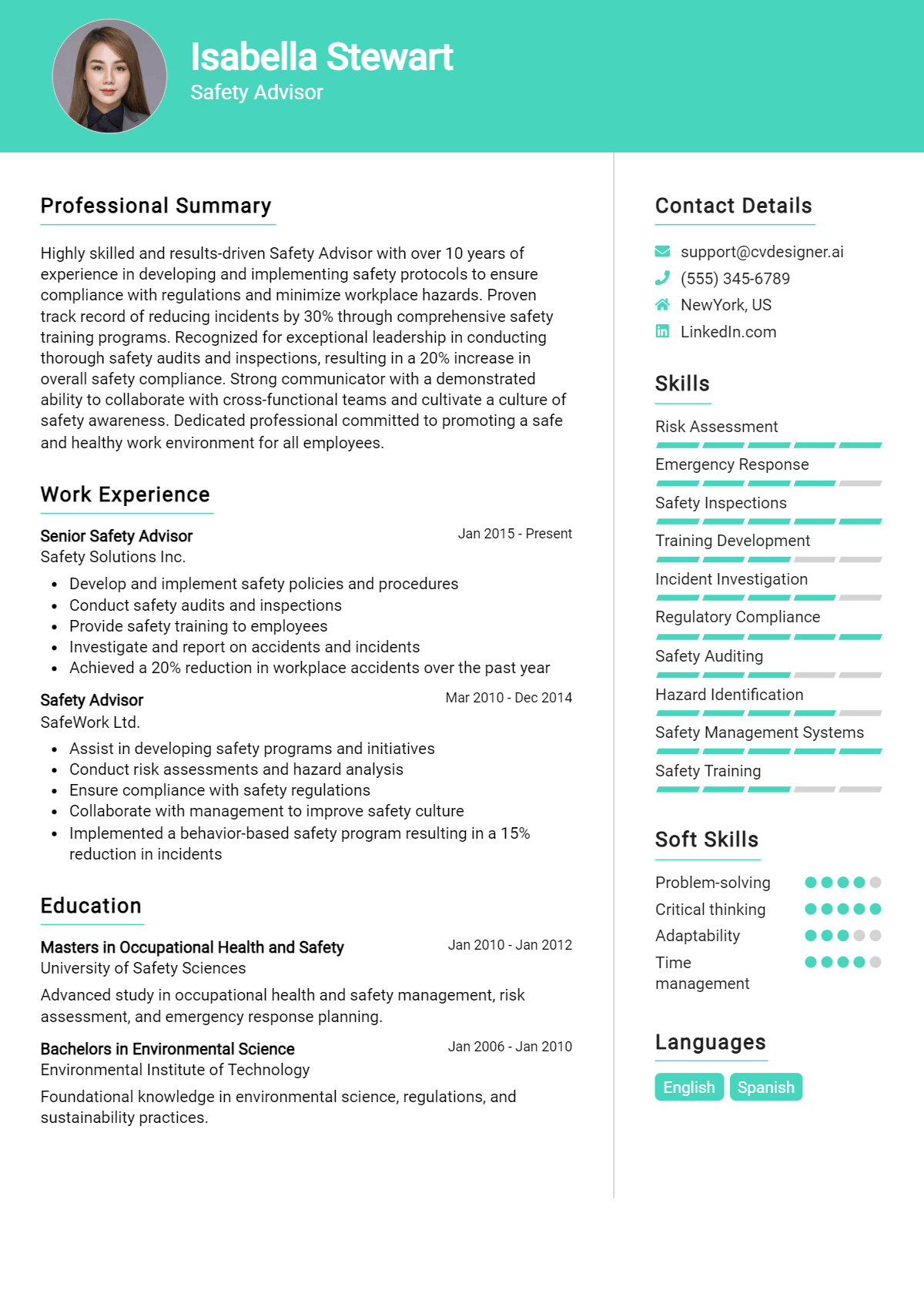 Safety Advisor Resume Example for 2024 Best Writing Tips CVDesigner.ai