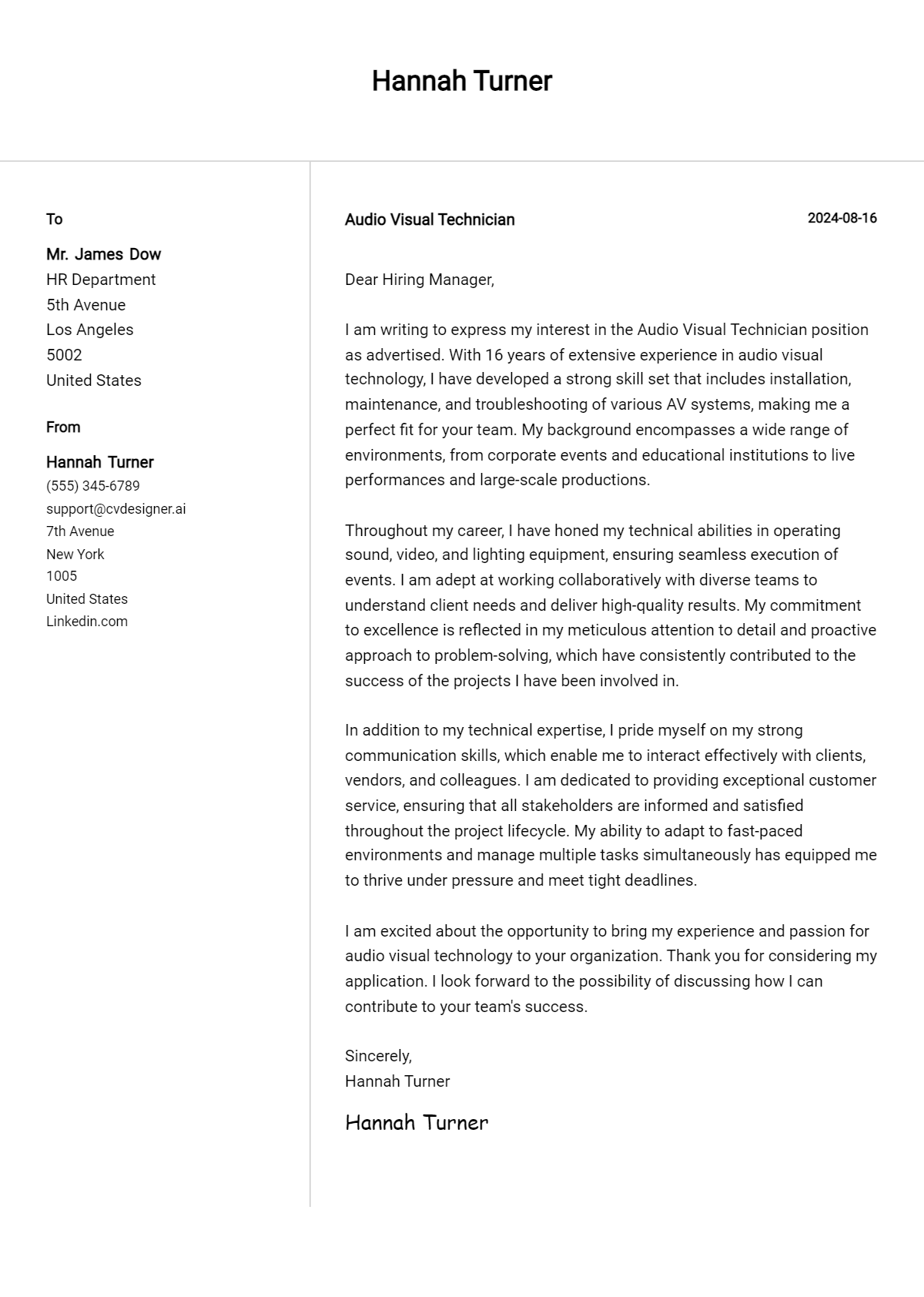 Audio Visual Technician Cover Letter Example for 2024 (Free Templates) CVDesigner.ai