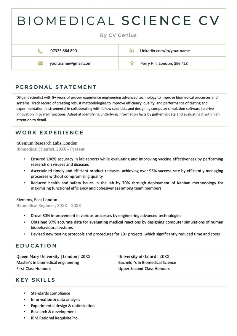Biomedical Science CV Example, Free Template, & 14+ Skills