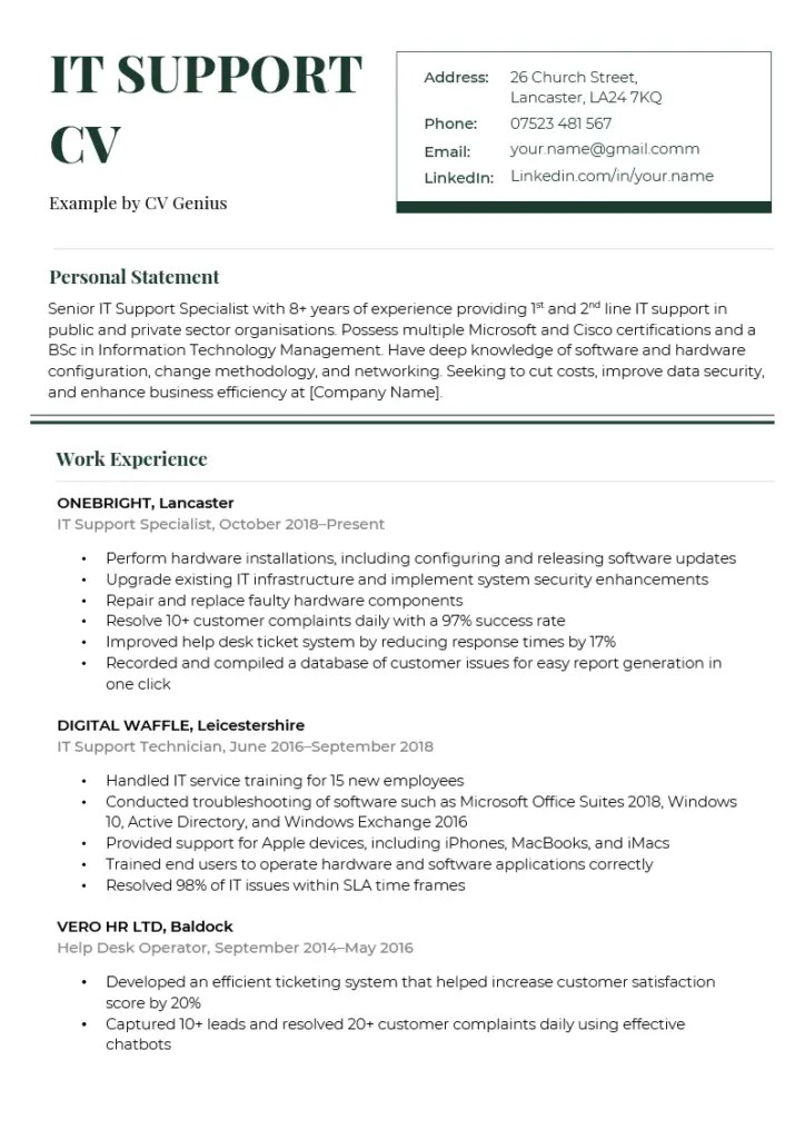 IT Support CV Example & UK Template (Free Download)