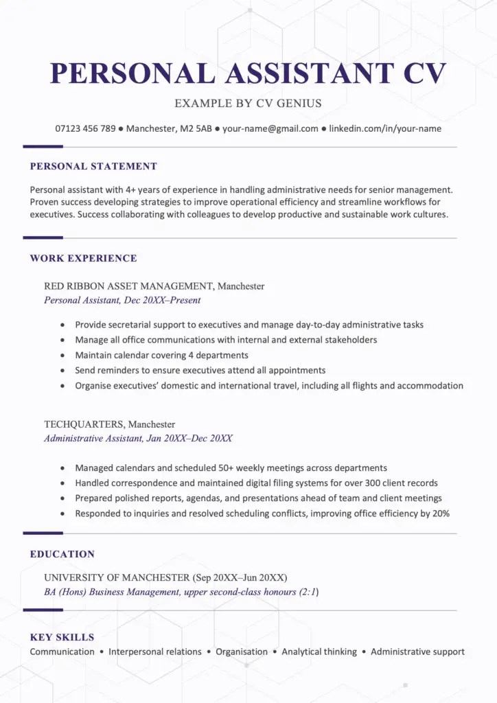 Personal Assistant CV Example & Tips Free Download