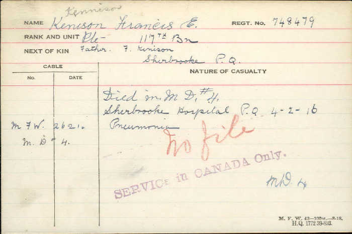 Francis Kennison The Canadian Virtual War Memorial Veterans Affairs