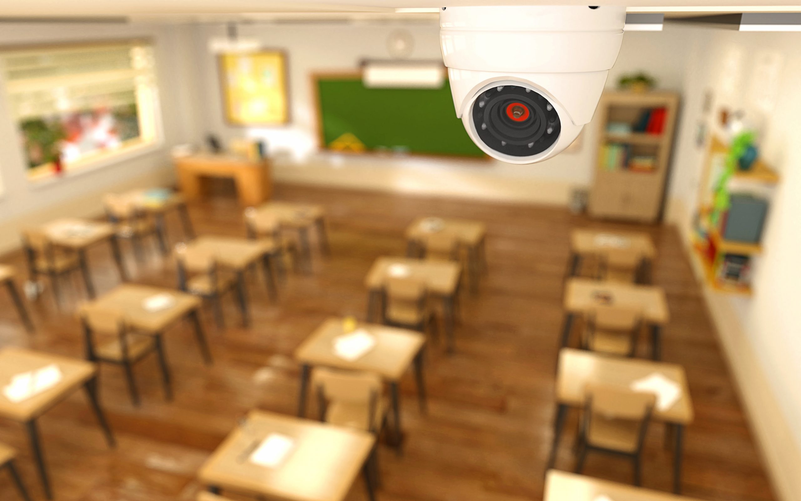 3D rendering illustration of security camera in classroom at school