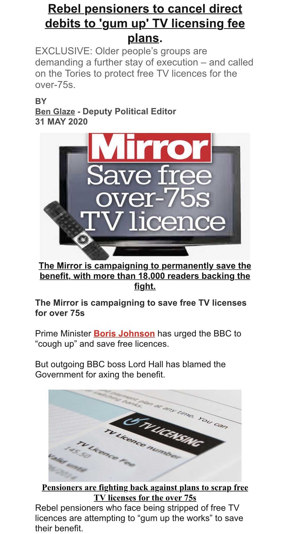 Rebel pensioners to cancel direct debits to ‘gum up’ TV licensing fee