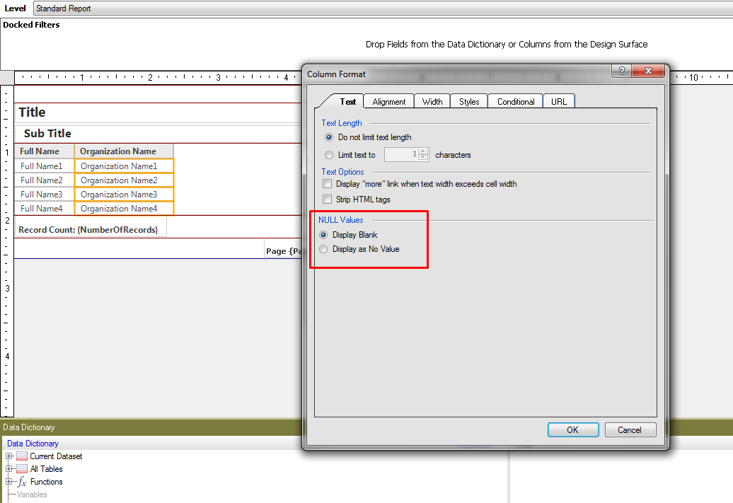 Null value display options in Reports Oracle B2C Service