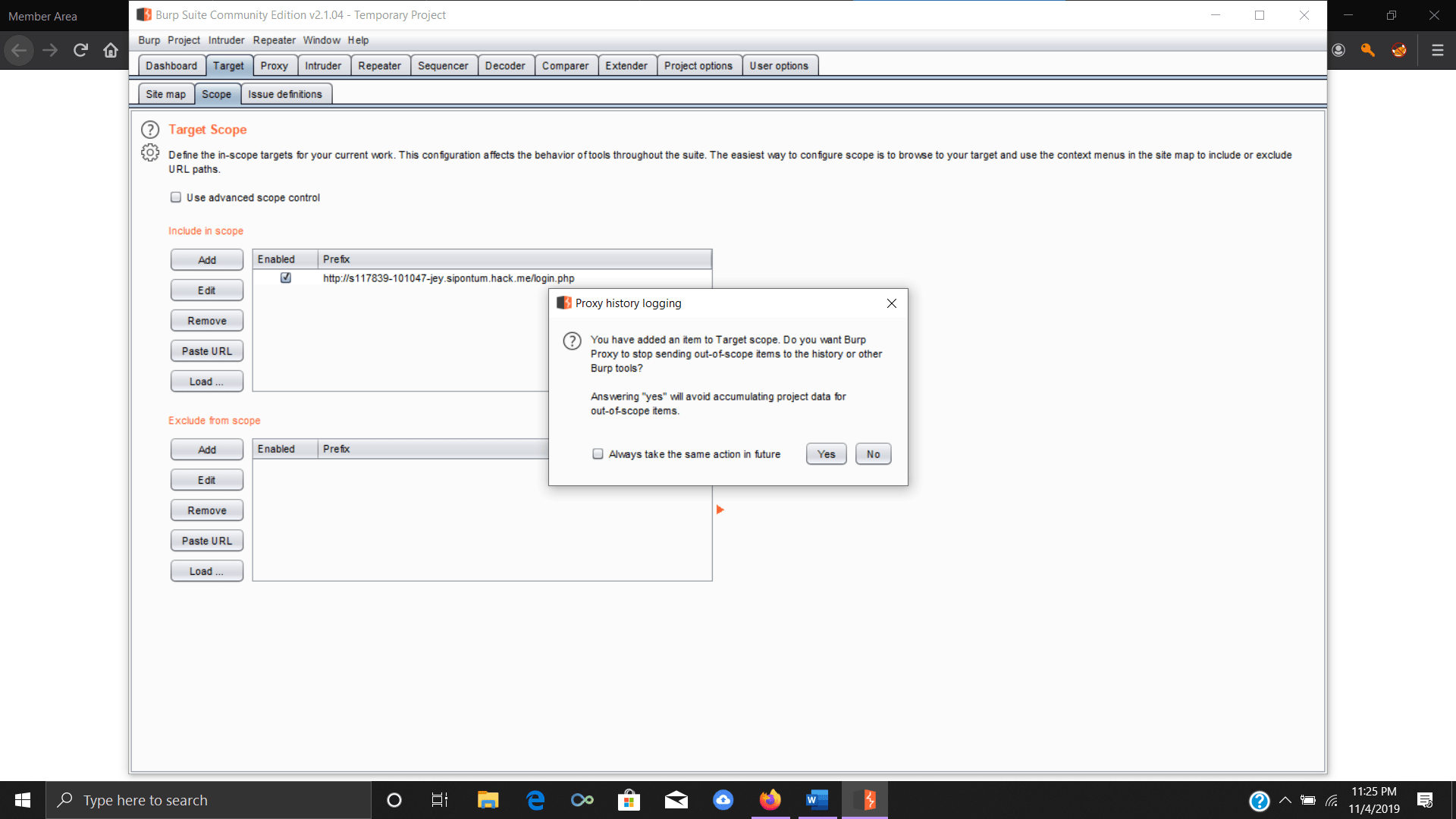Adding a target to a scope in Burp Suite