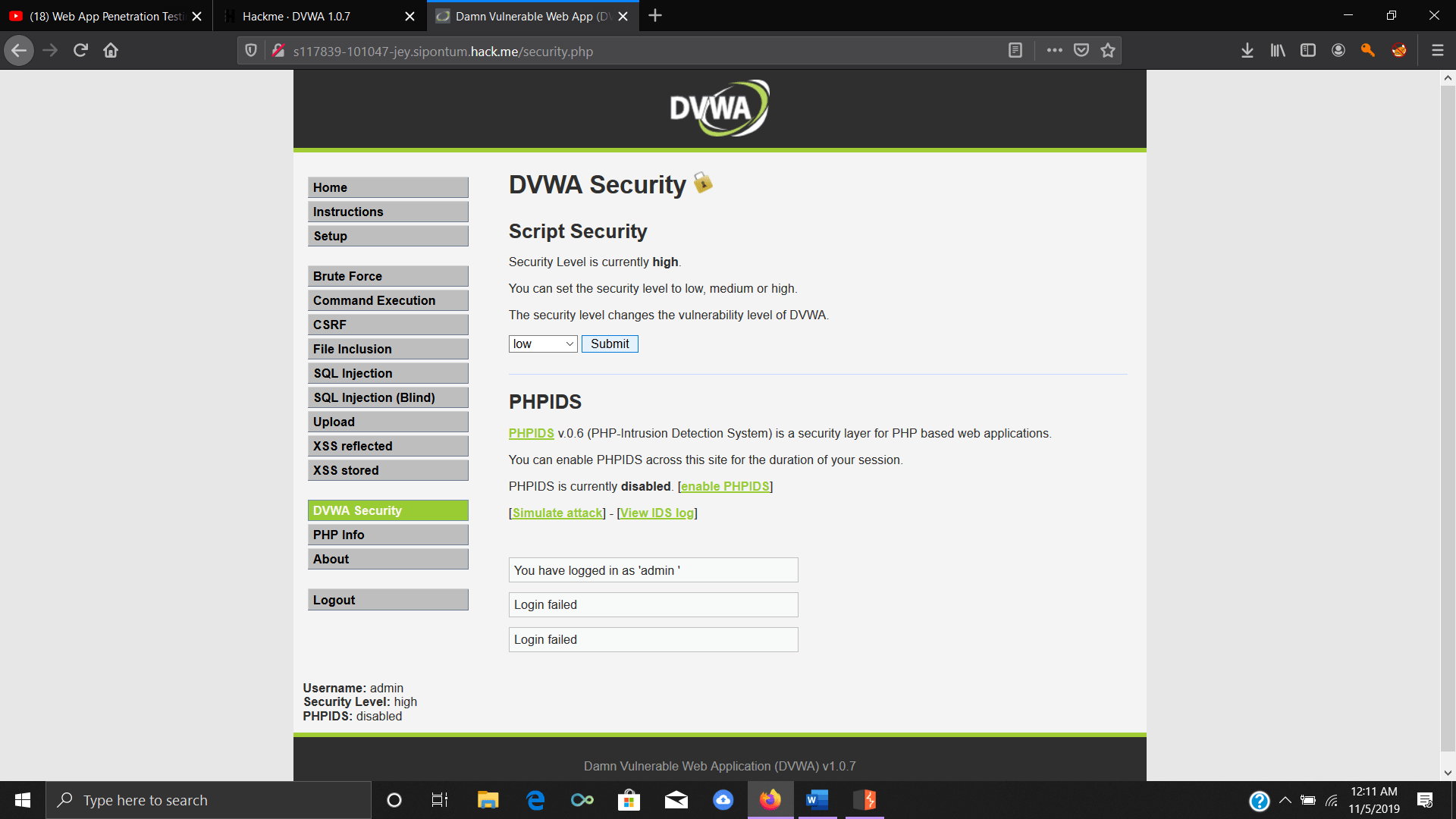DVWA security setting