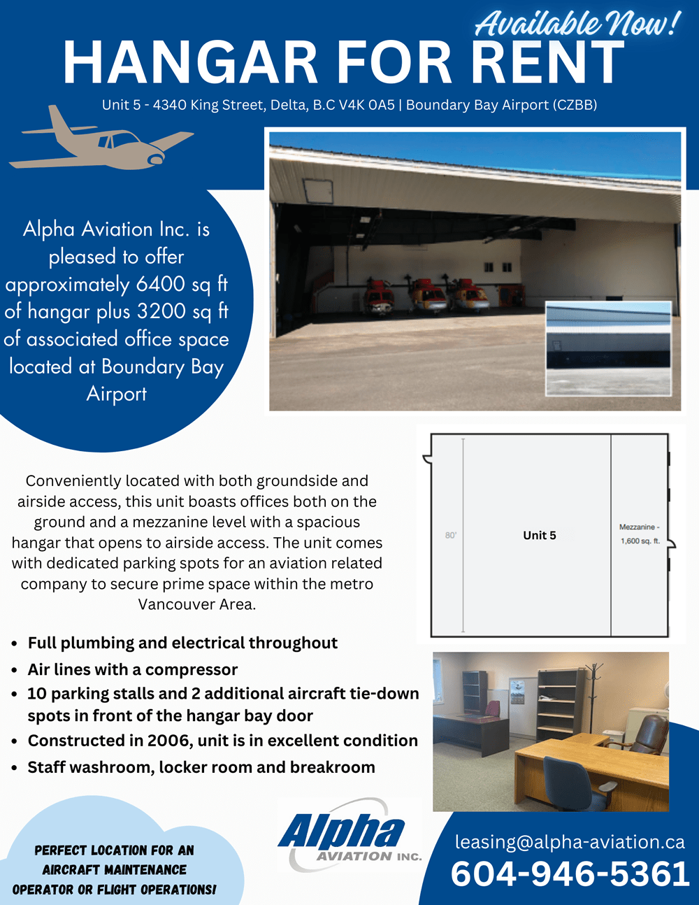 Hangar for Rent Unit 5 Boundary Bay Airport