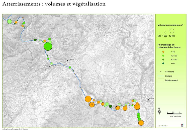 BEAUME - Hydromorphologie : cartographie de la répartition du volume et de la végétalisation des atterissements