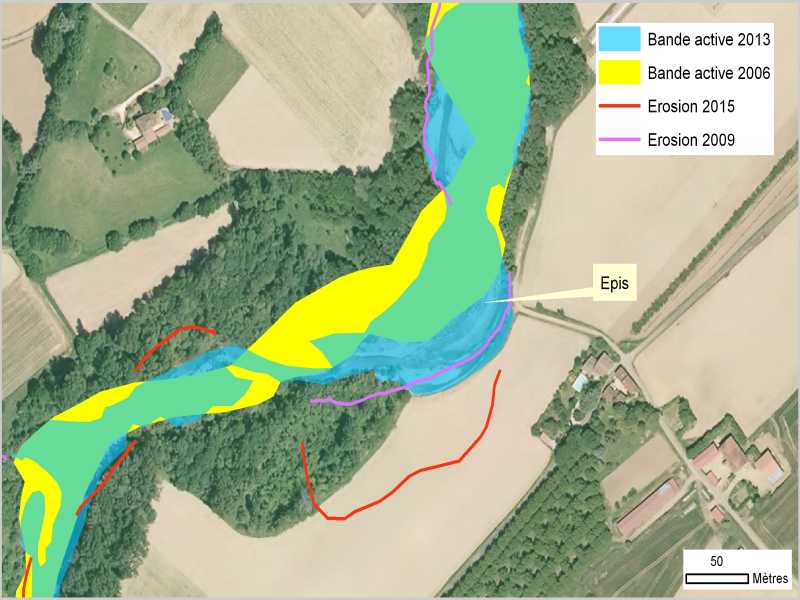 HERBASSE - Suivi post-crue : cartographie de la comparaison des bandes actives entre 2008 et 2013
