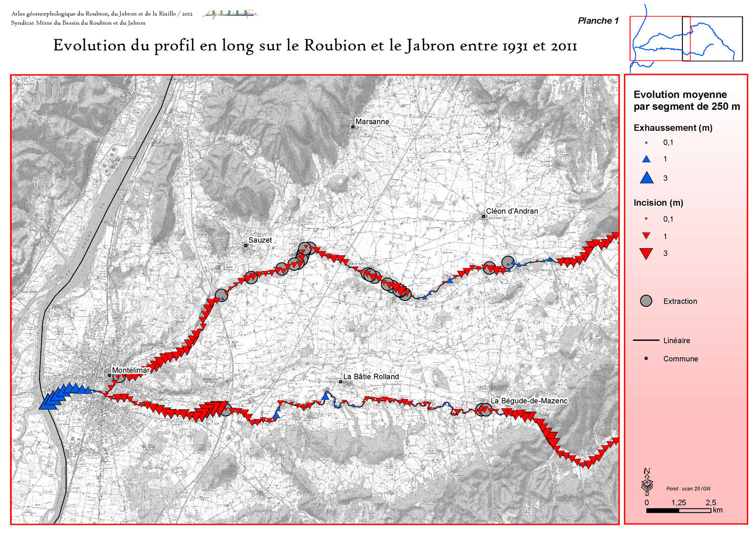 Cartographie SIG sous ArcGis de l'évolution dans le temps des profils en long du bassin versant du Roubion