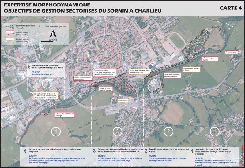 Cartographie : objectifs de gestion sectorisés du Sornin à Charlieu