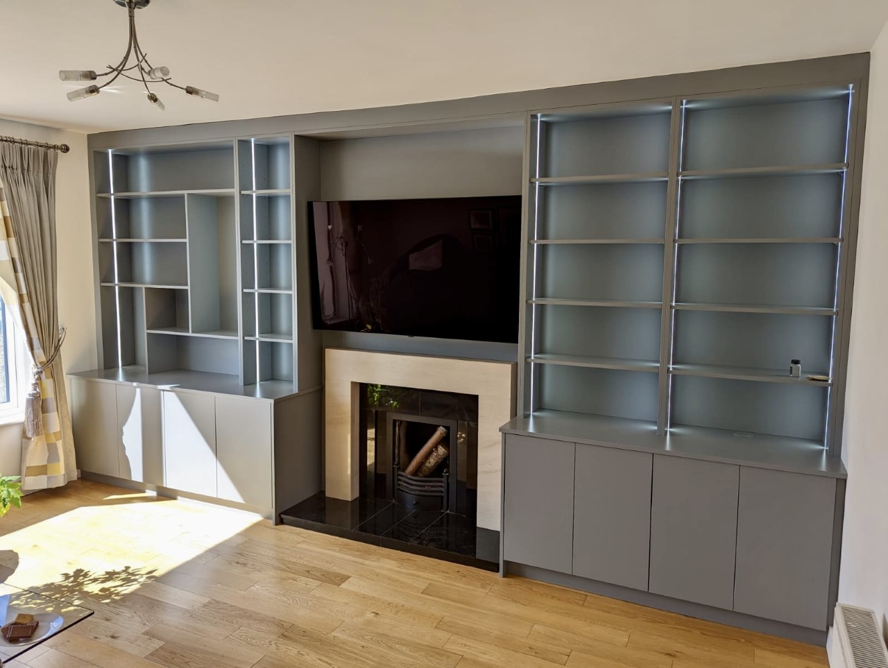 Bespoke Alcove TV Unit with LED Lights Custom Alcove Shelving Units