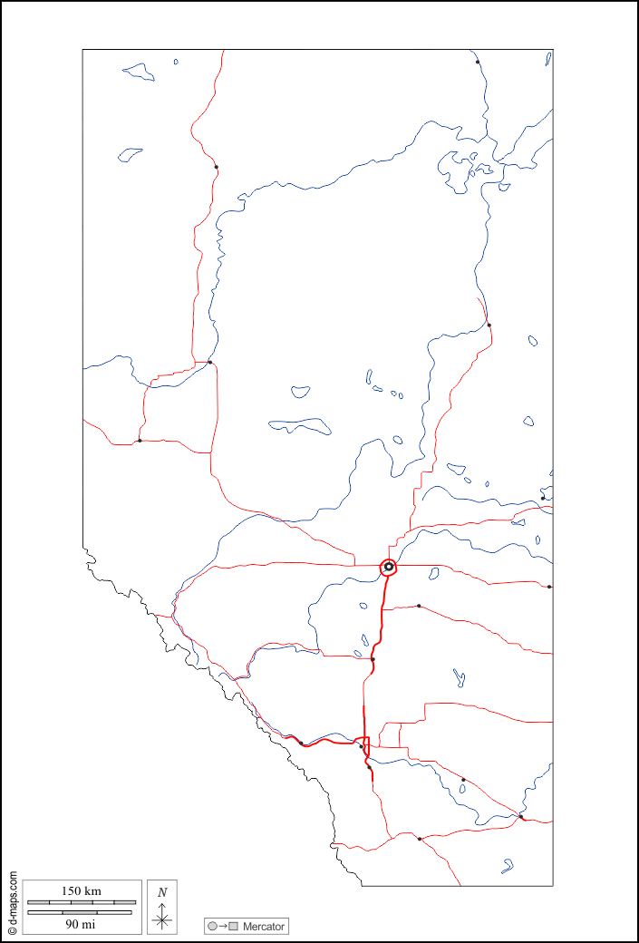 アルバータ州 無料地図, 無料の空の地図, 無料のアウトラインマップ, 無料のベースマップ 輪郭, 川と湖, 主要都市, 道路, 白い