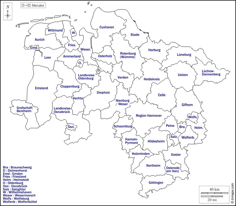 Lower Saxony free map, free blank map, free outline map, free base map