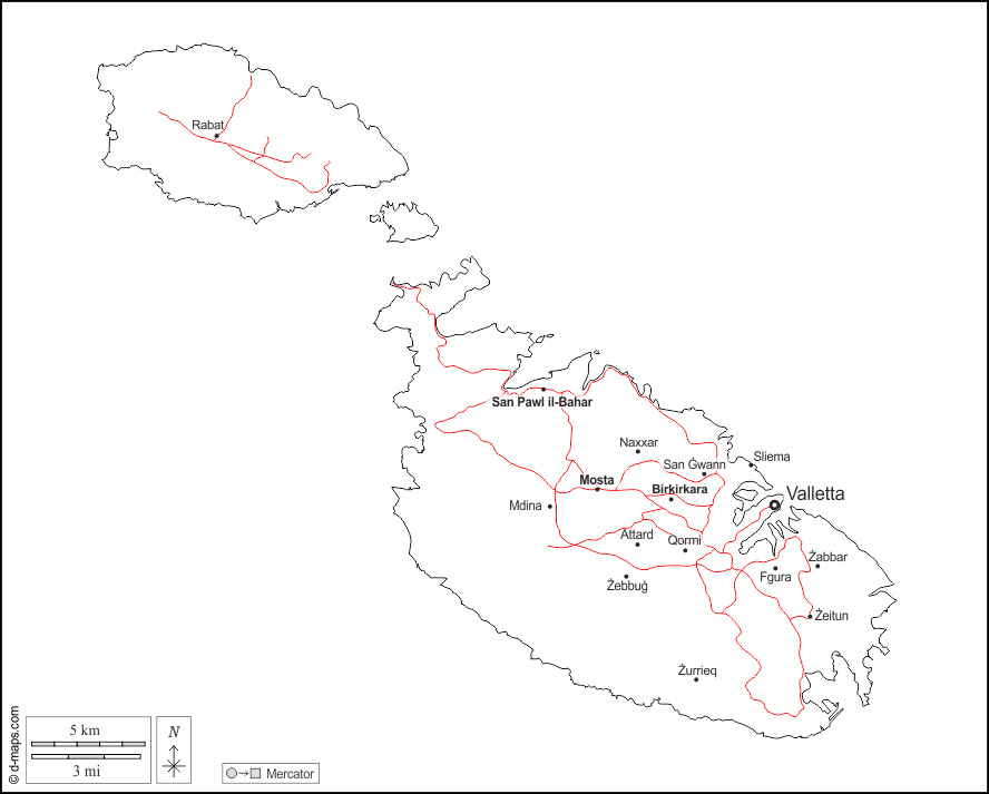 Malta free map, free blank map, free outline map, free base map boundaries, main cities, roads