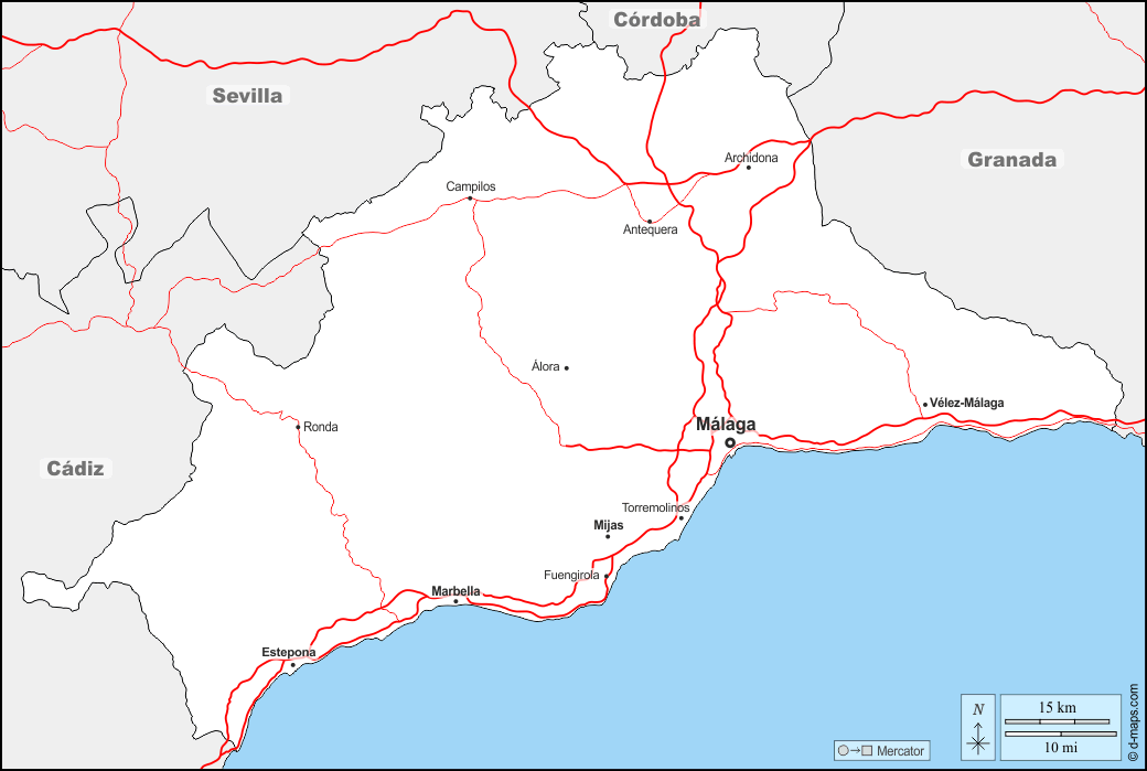 Málaga Mapa gratuito, mapa mudo gratuito, mapa en blanco gratuito