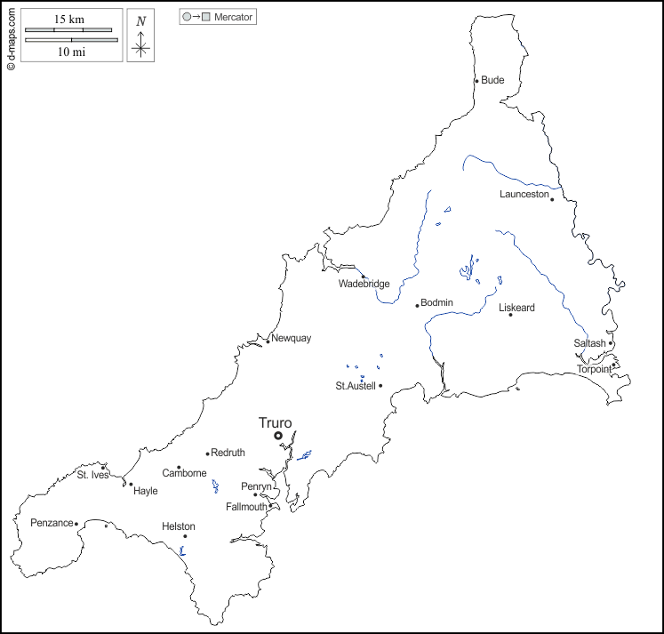 Cornwall free map, free blank map, free outline map, free base map outline, hydrography, main