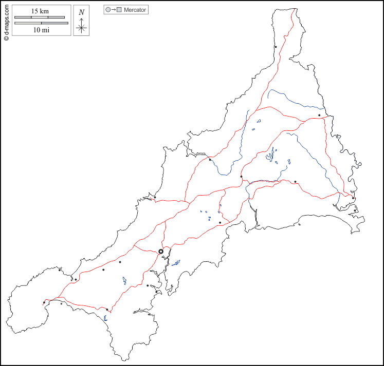 Cornwall free map, free blank map, free outline map, free base map outline, hydrography, main