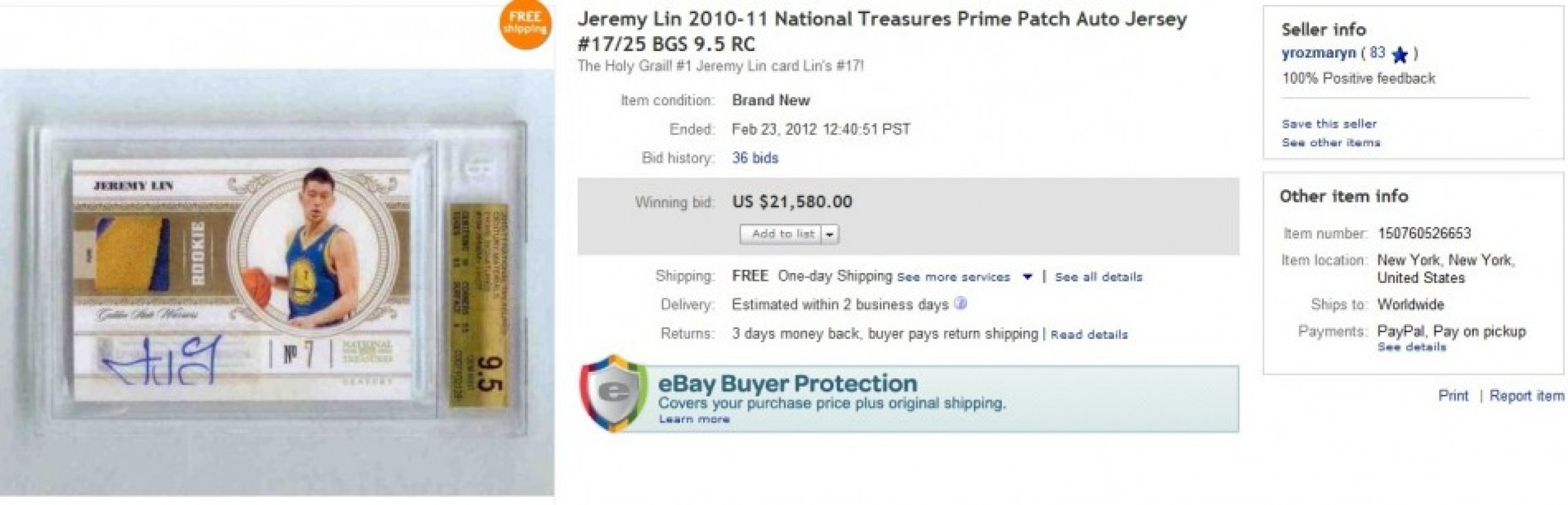 Jeremy Lin Rookie Card Sells for 21,580 in Linsane eBay Bidding War
