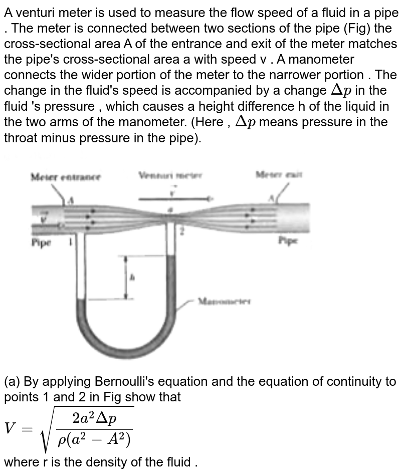 A Venturi Meter Is Used To Measure The Flow Speed Of A Fluid In A