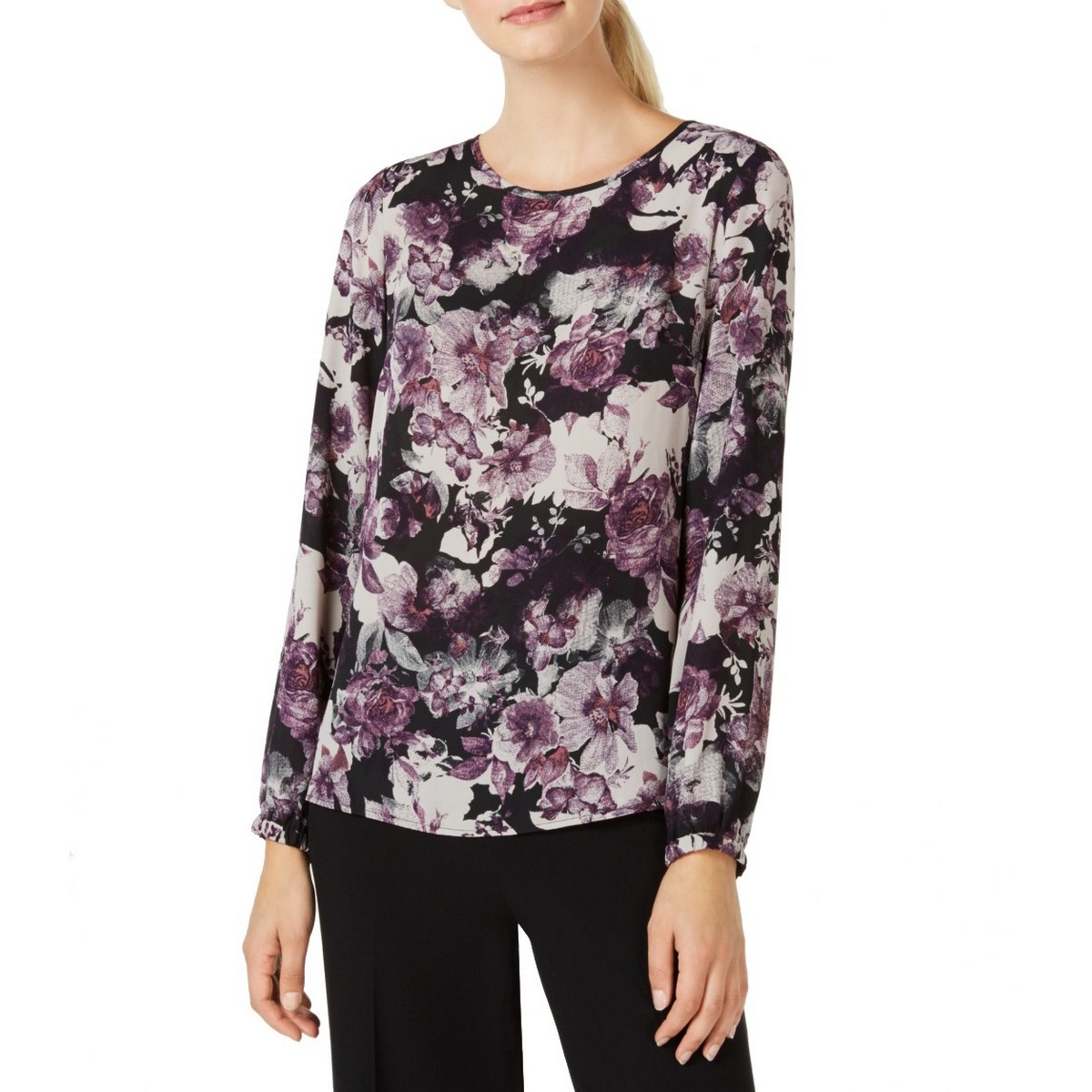 NINE WEST NEW Women's Eggplant Multi Floral Printed Blouse Shirt Top XL