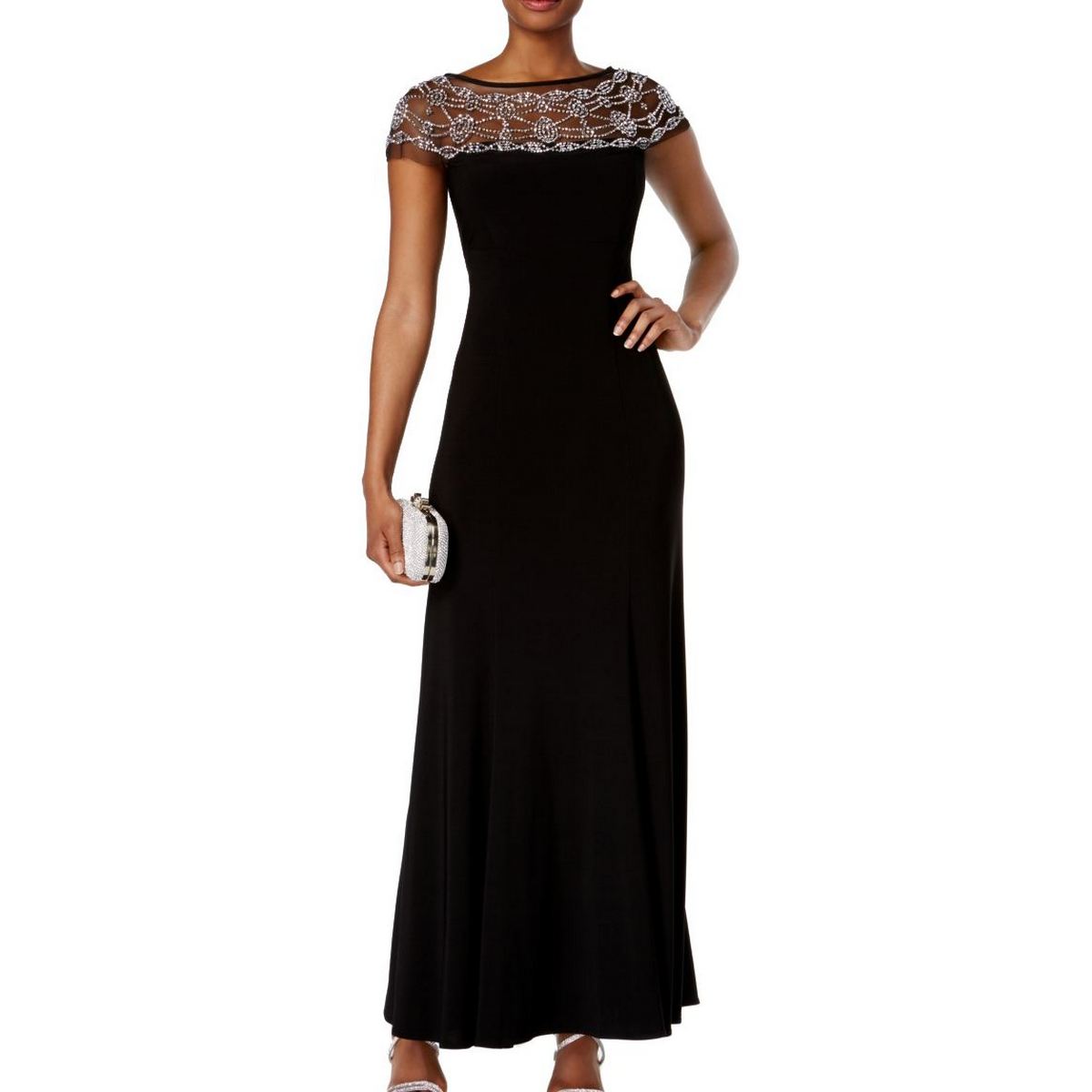 R & M RICHARDS NEW Women's Black Beadedtrim Mesh Ball Gown Dress 6