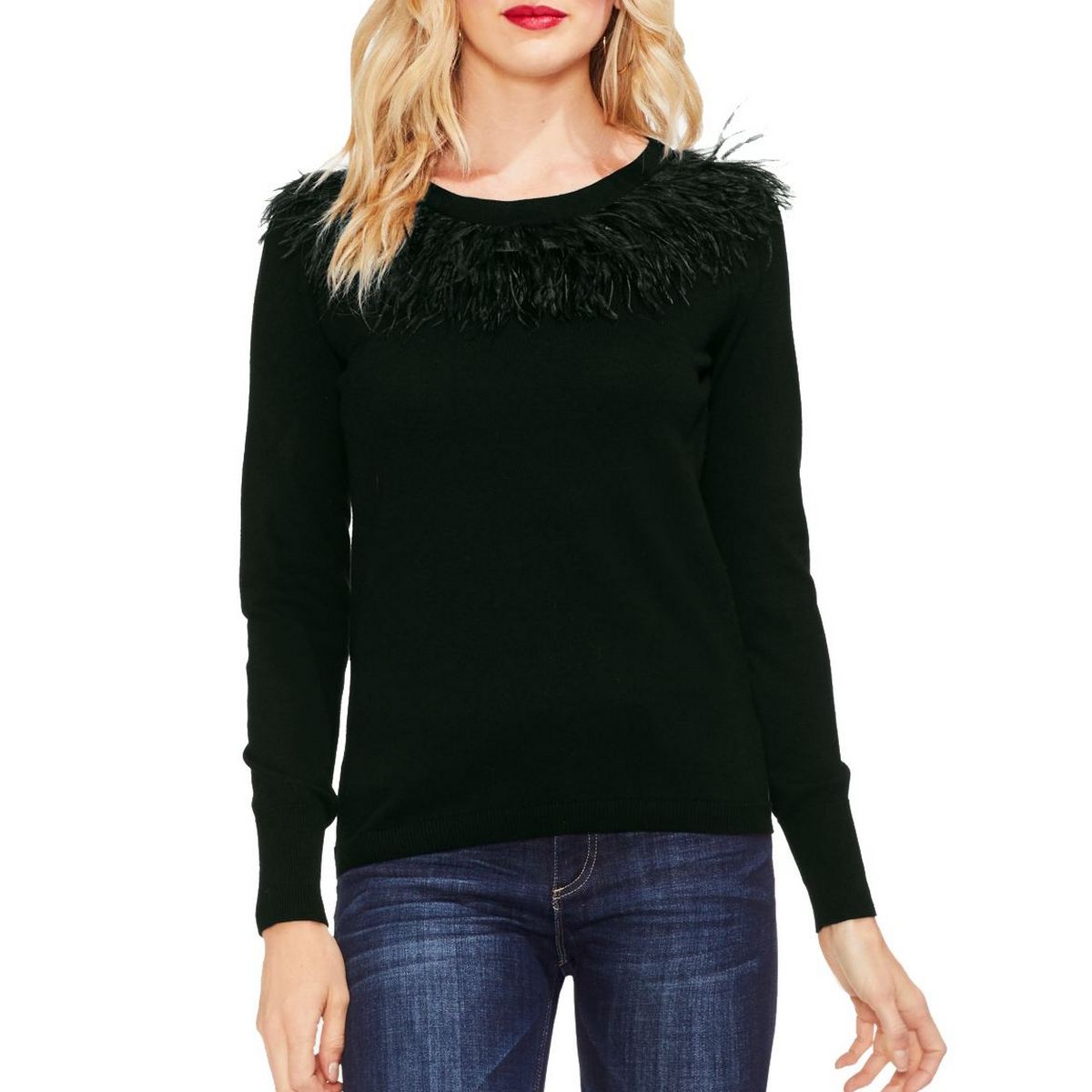 VINCE CAMUTO NEW Women's Black Feathertrim Crewneck Sweater Top S TEDO