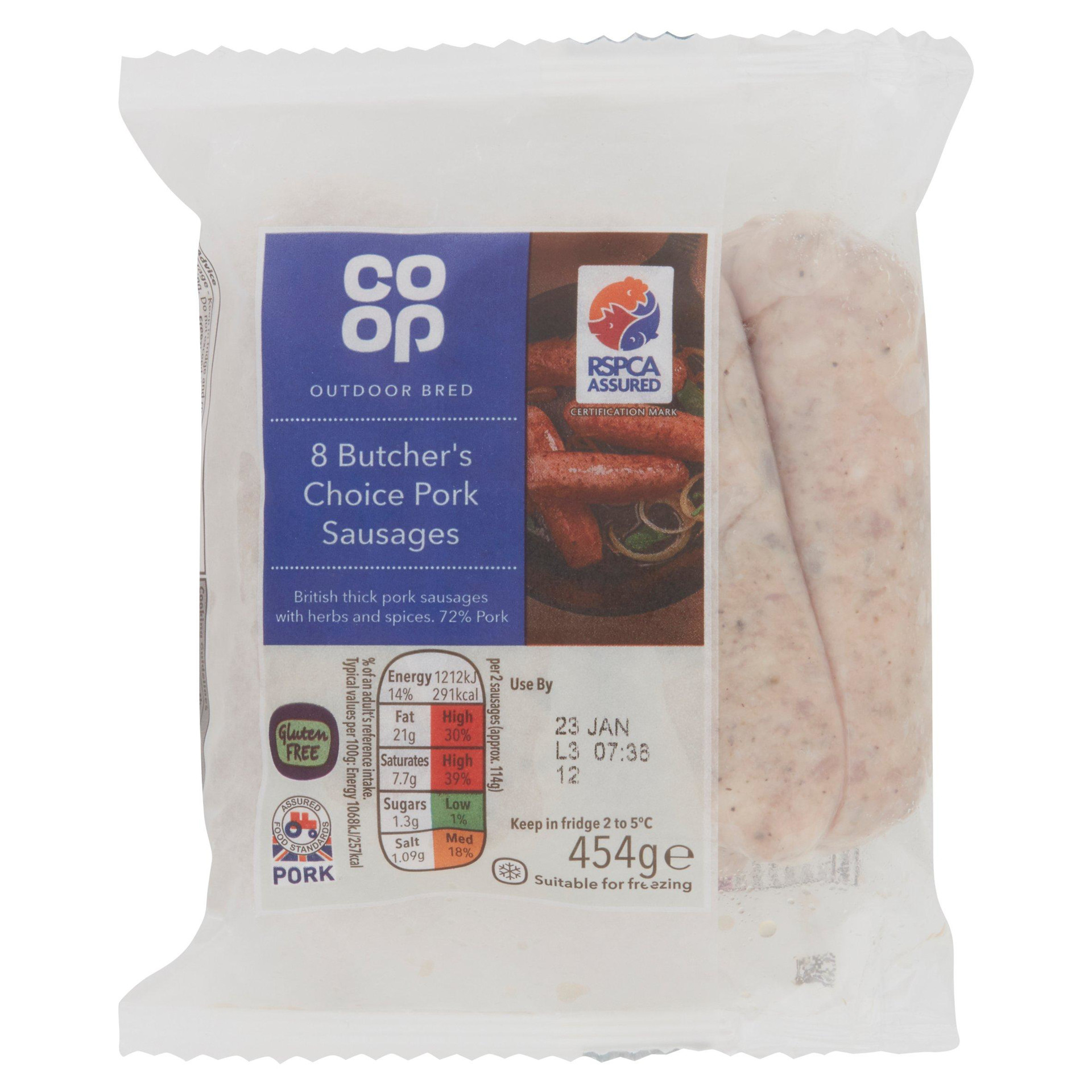 Coop Butcher's Choice 8 British Pork Sausages 454g Jersey Online Groceries Channel Islands