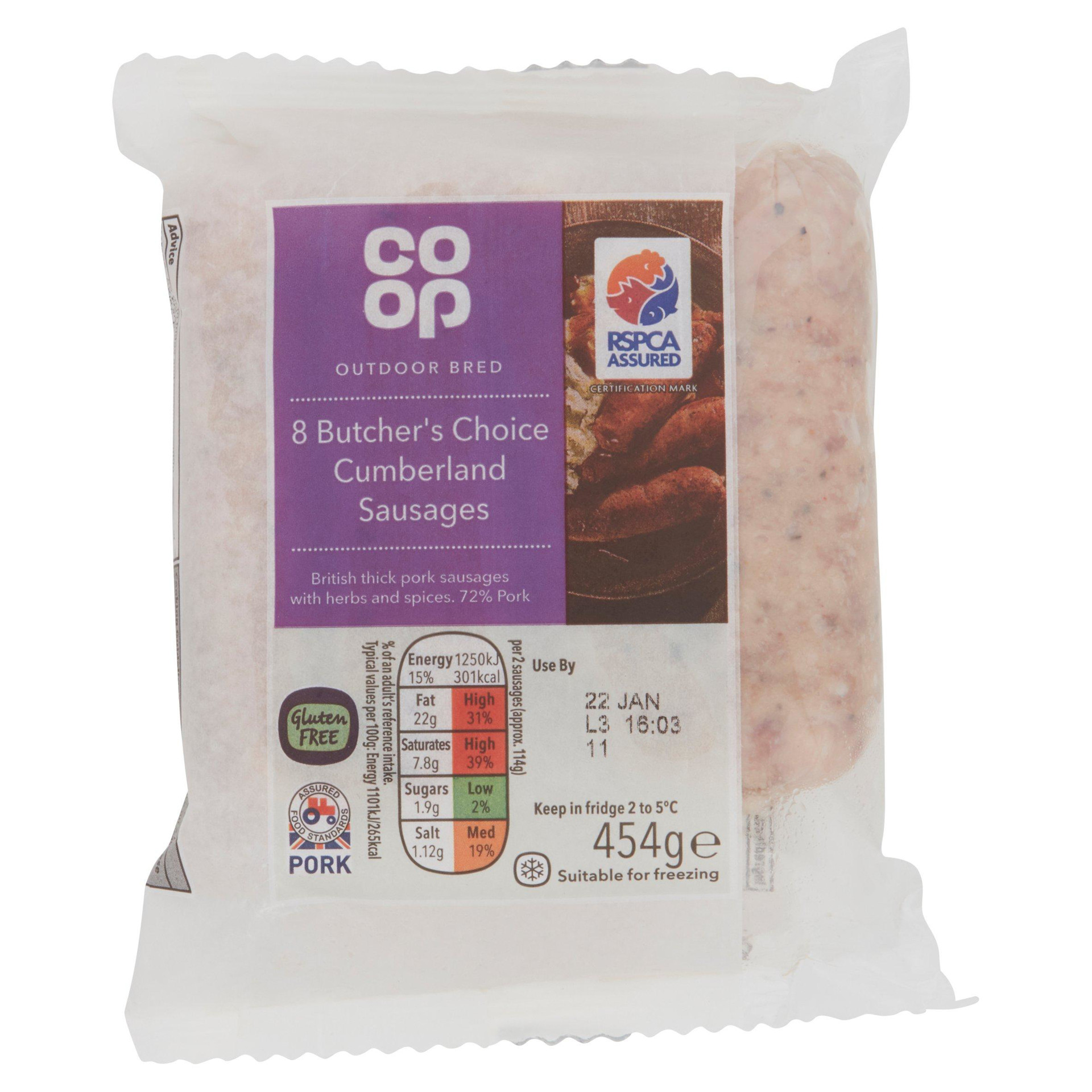 Coop Outdoor Bred 8 Butcher's Choice Cumberland Sausages 454g