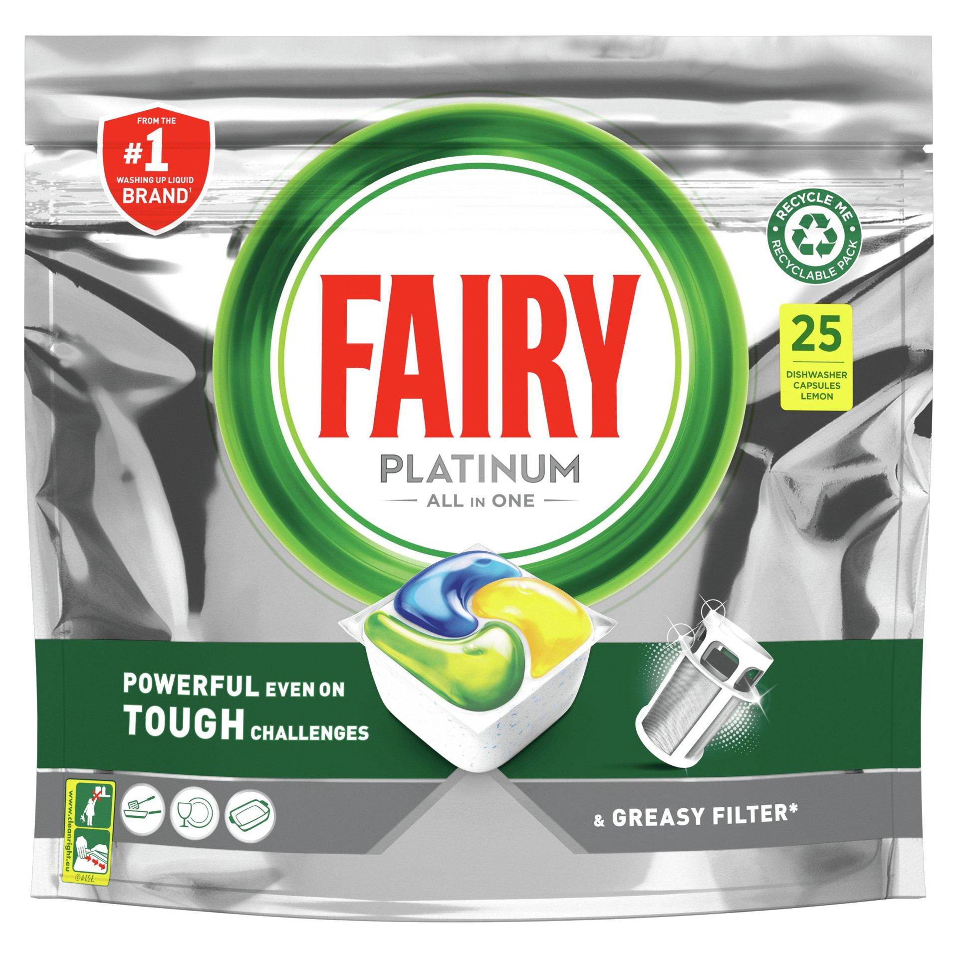Fairy Platinum All In One Dishwasher Tablets, Lemon, 25 Tablets