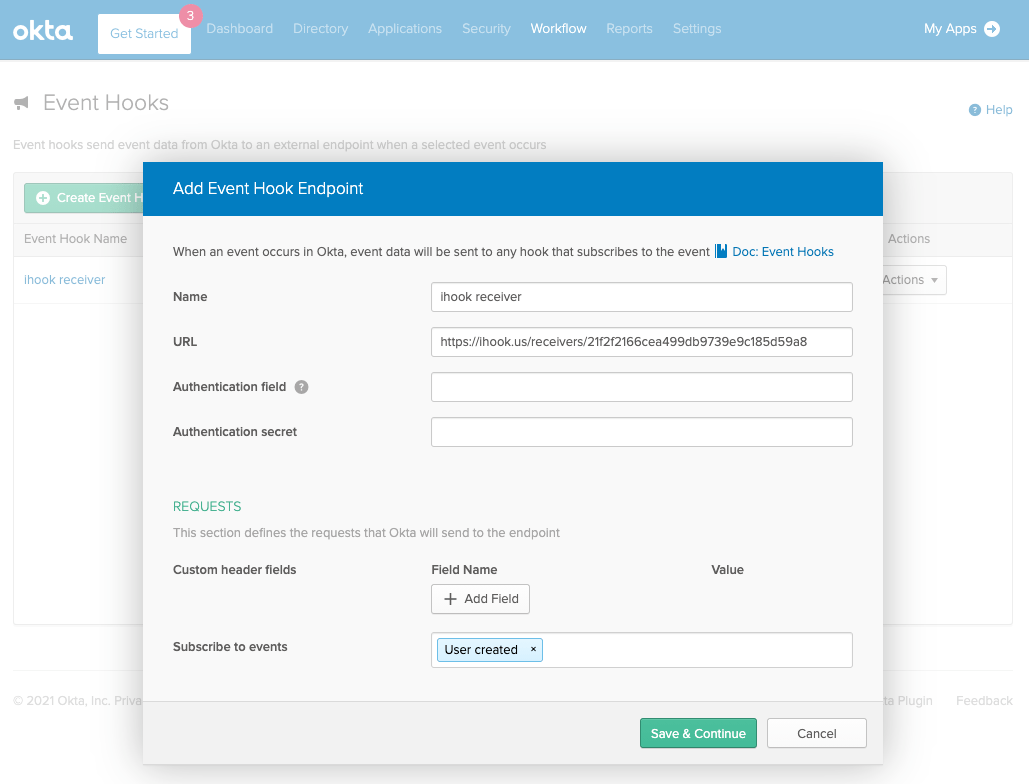 Create an Okta Hook receiver · iHook