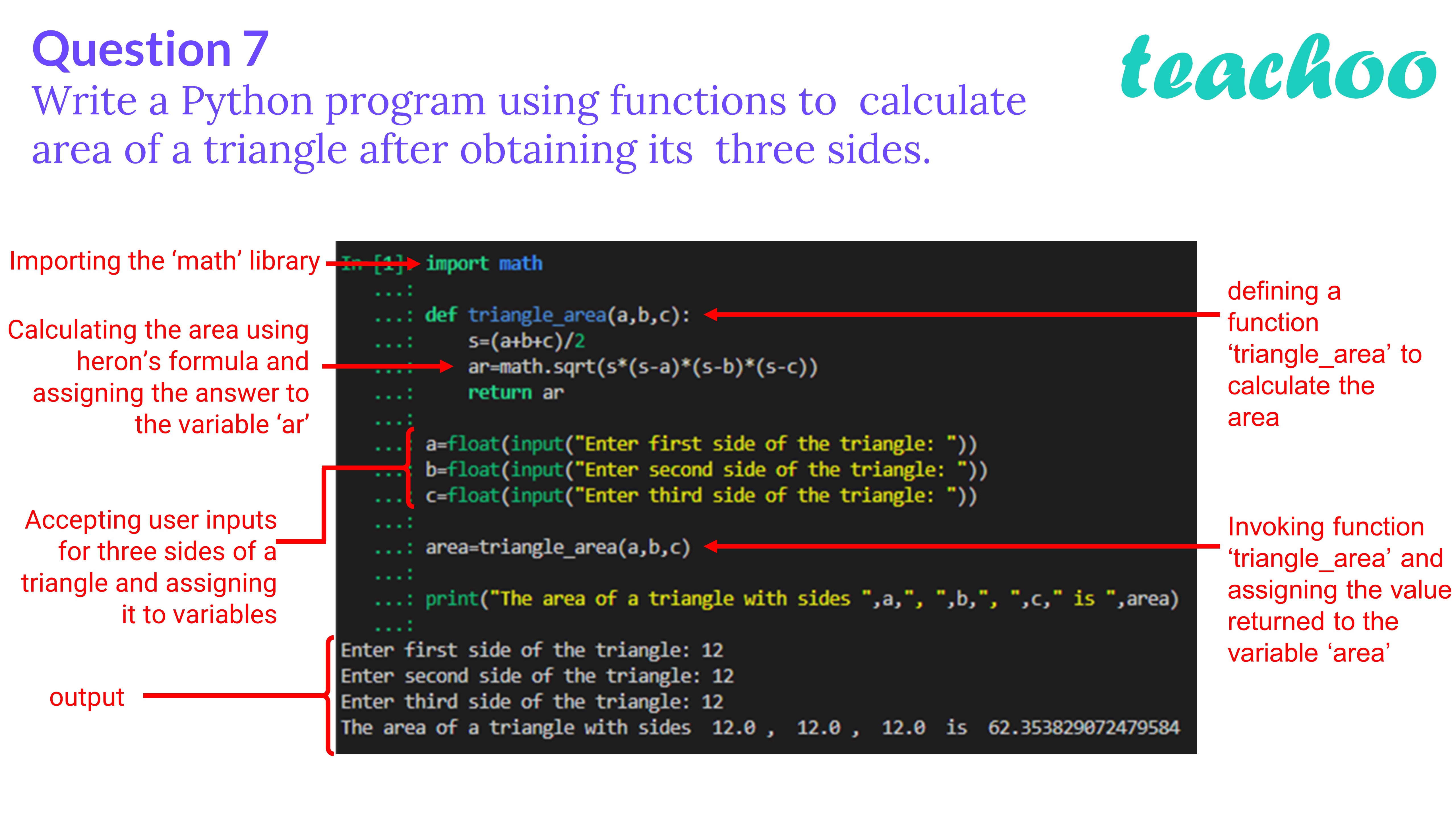 Write a Python program using functions to calculate area of a triangle