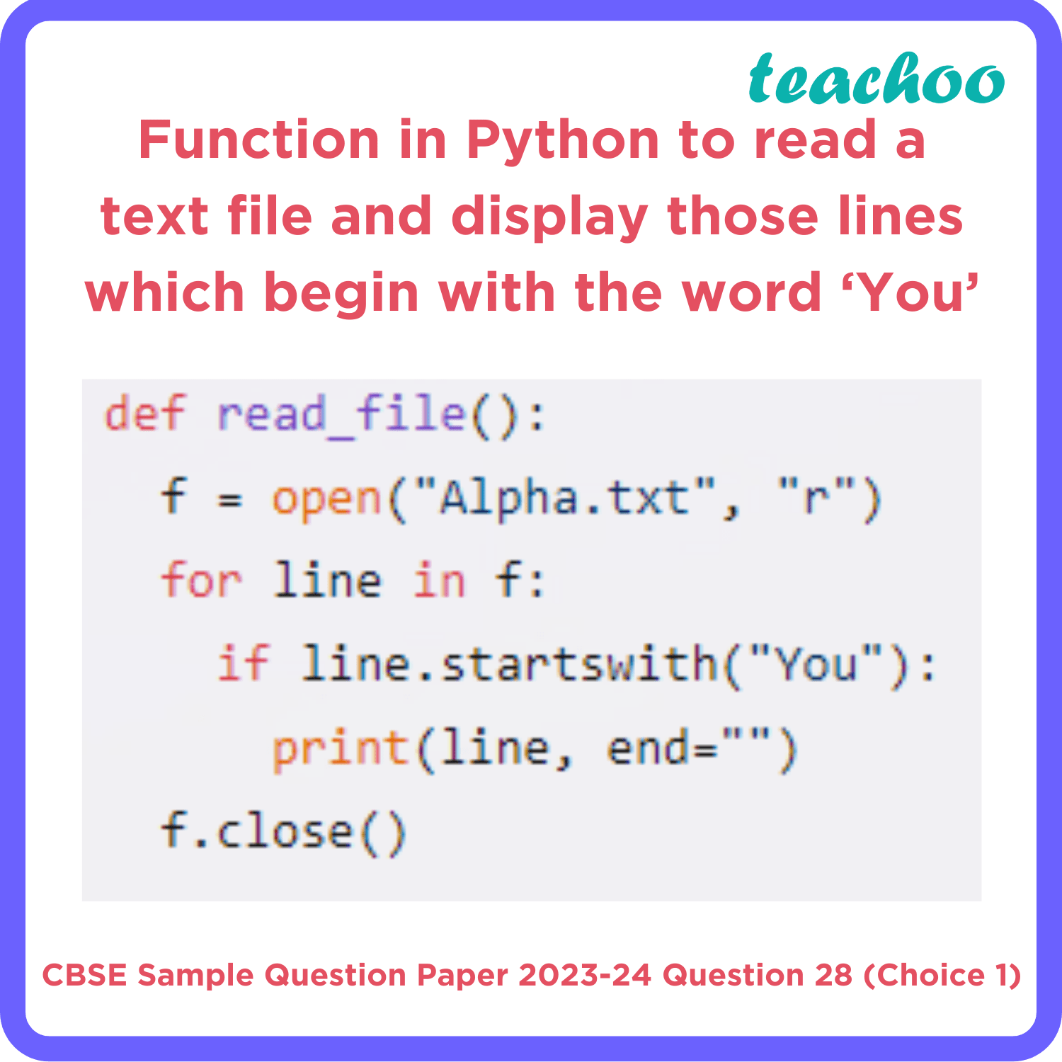 Write a function in Python to read a text file, Alpha.txt and displays