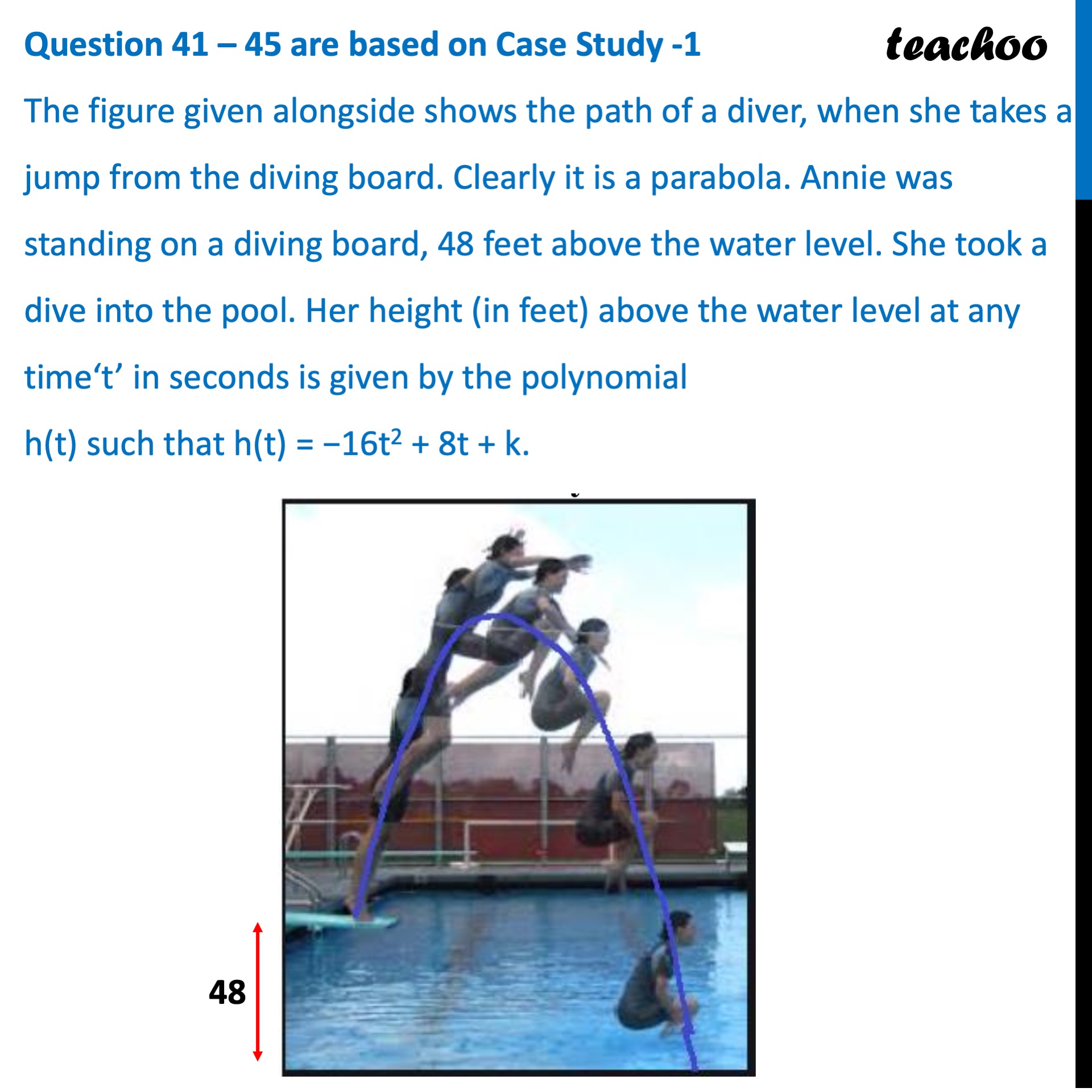 Ques 41 (Case Based) The figure shows the path of a diver, when she