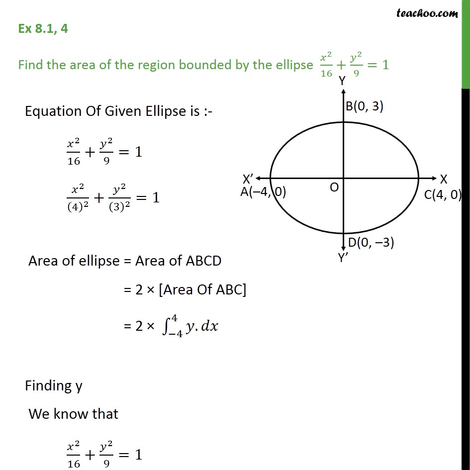 Ex 8.1, 4 Find area bounded by ellipse x2/16 + y2/9 = 1