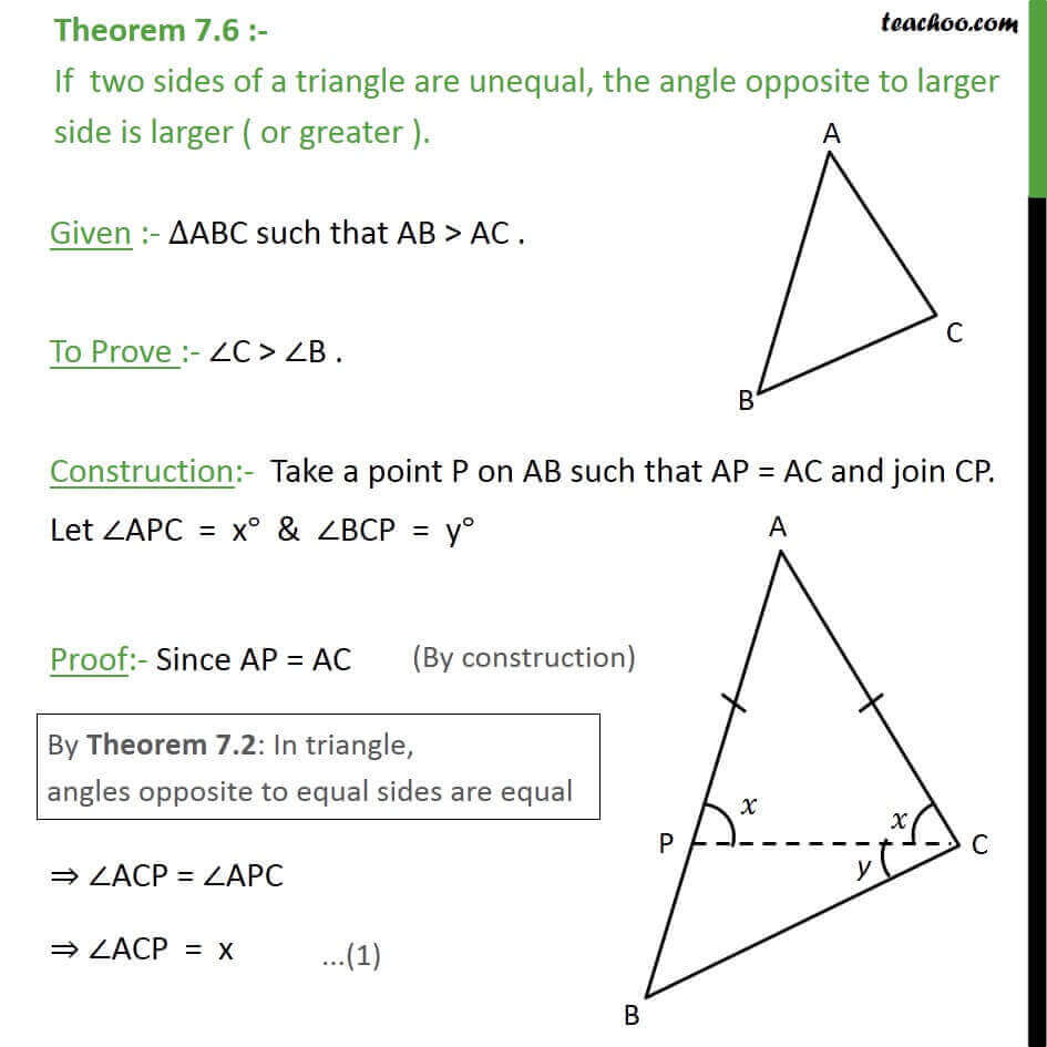 Theorem 7.6 Class 9 Angle opposite to larger side is larger.