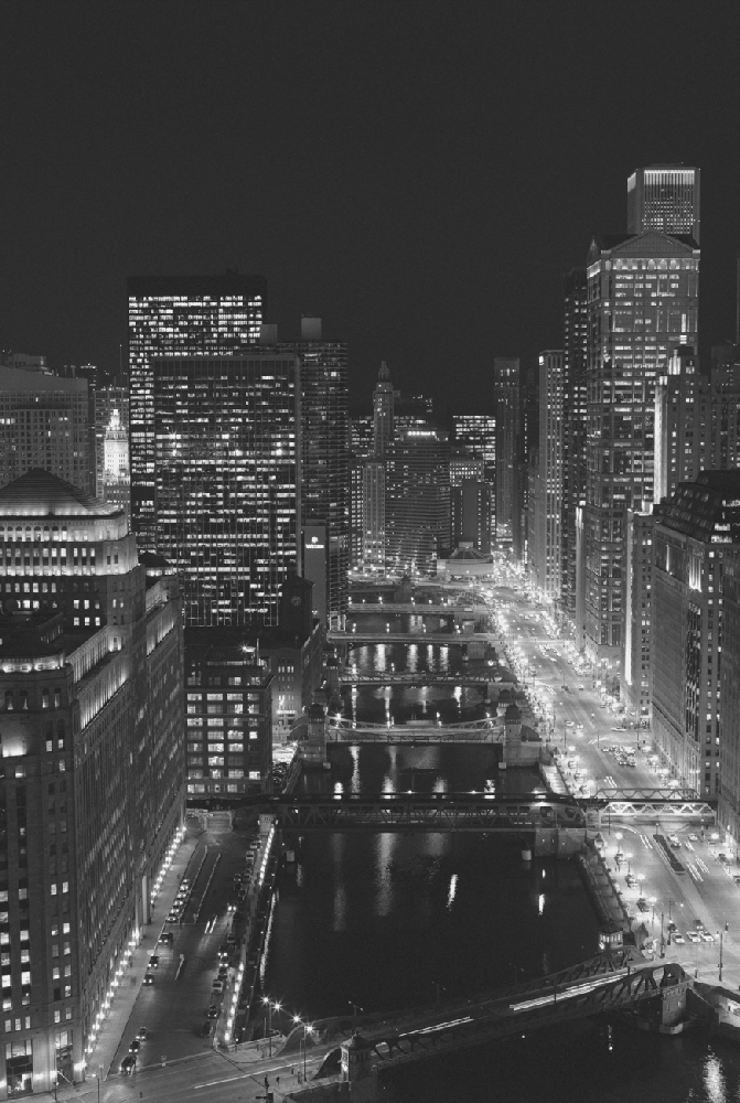 Chicago River East View Black & White Chicago Black & White Framed