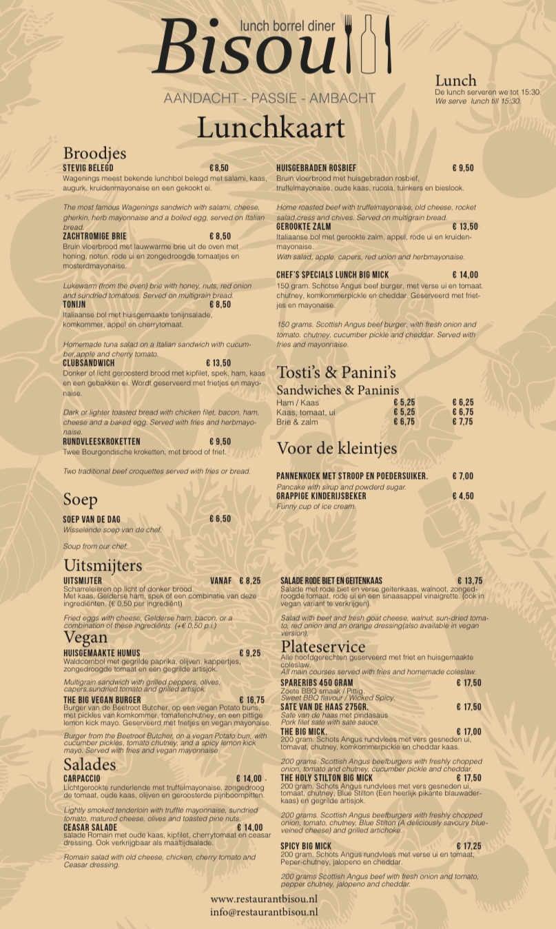 Lunchkaart NL/EN Bisou, Wageningen Eet.nu